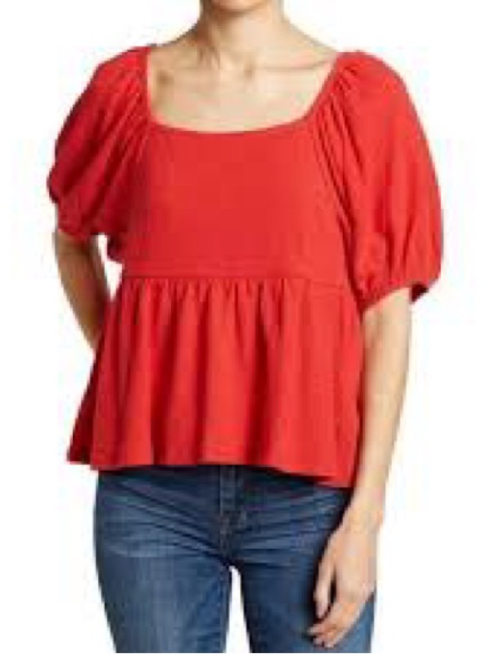 Madewell Red Puff-Sleeve Peplum Blouse Cotton Size Small